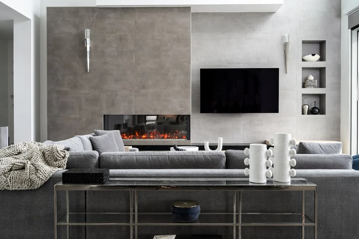 Bird Key Bayfront great room with linear fireplace