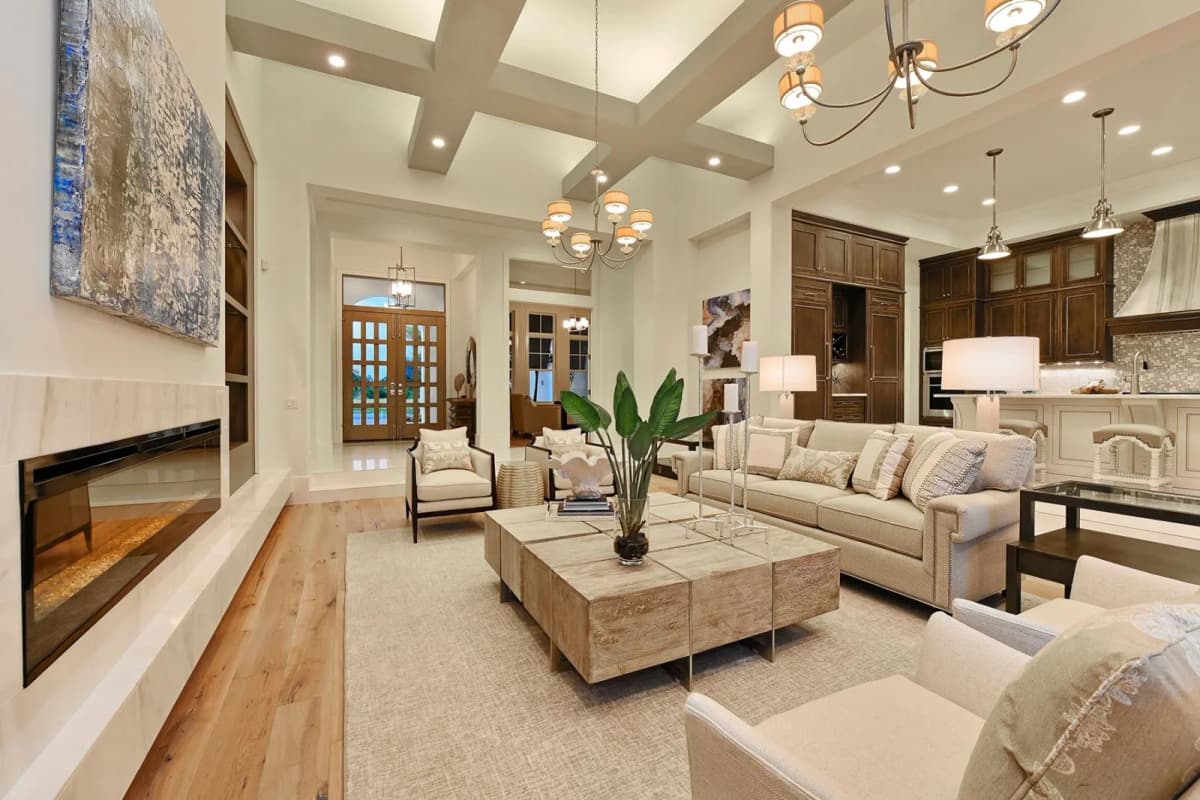 Sunken living room with linear fireplace