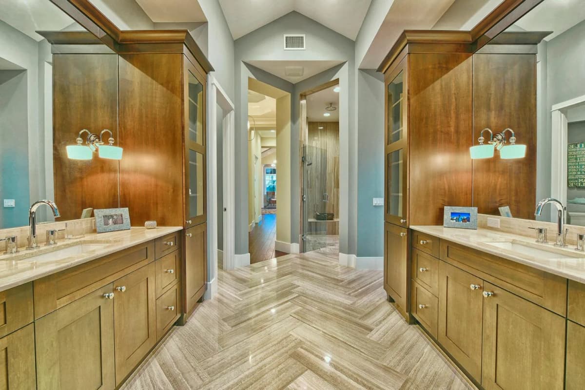 Primary bath with limestone floors
